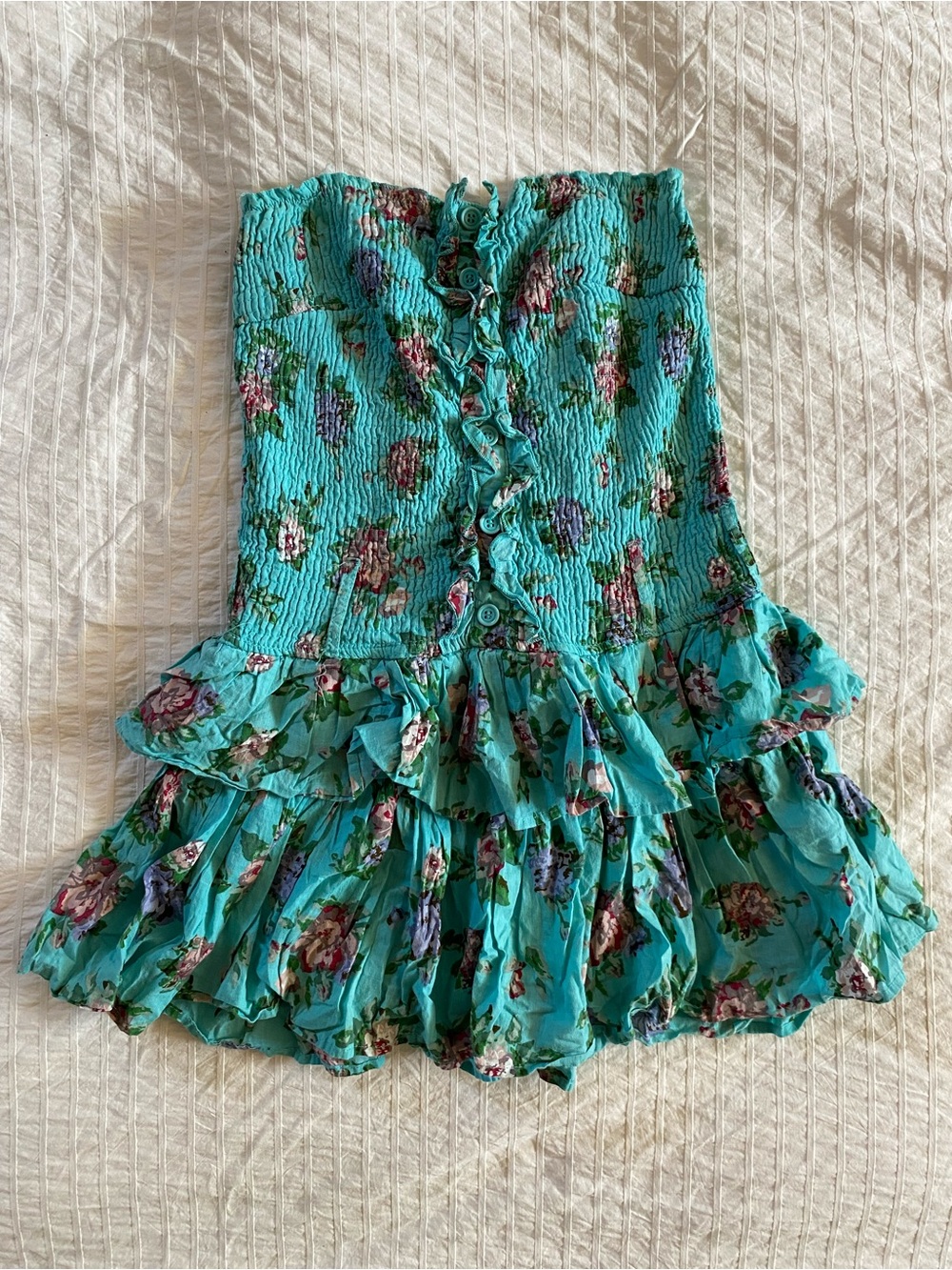 Turquoise Floral Ruffle Smocked Mini Skirt